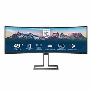 Philips 498P9 - Monitor curvo da 124 cm (49 pollici), HDMI, DisplayPort, Hub USB, tempo di risposta 5 ms, 5120 x 1440, 70 Hz, colore: Nero