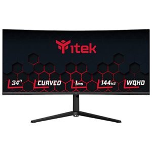 Itek Monitor Gaming GGC, Curvo (1500R), 34", 3440x1440 (Ultra WQHD), 21:9, HDR400, VA, 144Hz, 1ms, FreeSync, G-Sync, HDMI, Display Port, Audio, Led rossi, Altezza regolabile