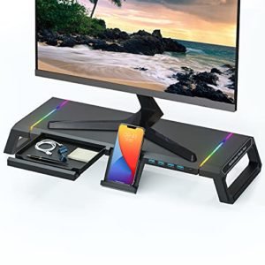 Supporto per monitor Riser pieghevole, TopMate RGB Riser per monitor per computer Hub USB 3.0, Supporto da tavolo con cassetto portaoggetti per schermi di computer da 27'' iMac, laptop, stampante-nero